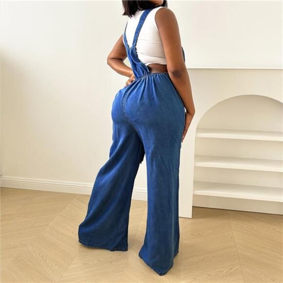New Women’s Ripped Denim Overalls | Wide-Leg Cargo Jumpsuit | Adjustable Strap - Picture 2 of 7